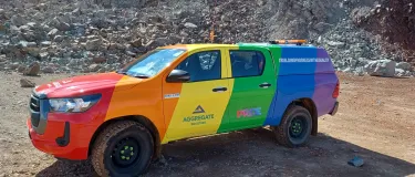 Leicester Pride Rainbow Truck in a quarry