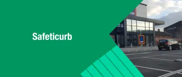 A banner image for Safeticurb featuring the green AI banner and the safeticurbs laid outside an Aldi supermarket