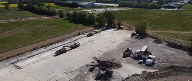 An aerial view of the Ford Airfield site in Sussex where the runway is being planed, milled and recycled by OCL Regeneration. 