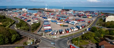 An aerial view of the new lorry trailer park at Heysham Port, Lancashire.