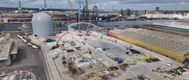 An aerial view of the ongoing construction work at Holcim UK's Tilbury Cement Terminal.