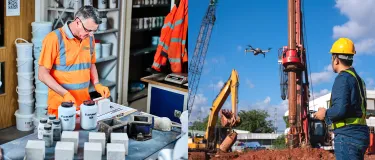 Montage of four images showing workers and business sites