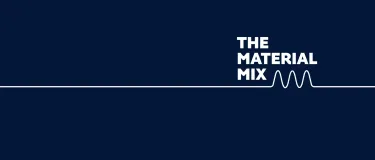 Blue background with the text "The Material Mix Podcast by Holcim" with a white wavey unline