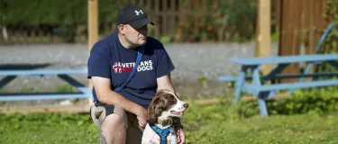 Aggregate Industries Operations Manager Nick Thomas with his PTSD assistance dog, Buzz.