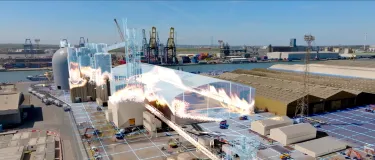 Tilbury docks in London with a holographic representation of the new cement terminal