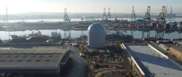 An aerial shot showing the new dome silo at Aggregate Industries' cement site at Tilbury Docks