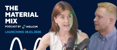 The Material Mix podcast by Holcim showing host Hannah MacInnes and Head of Sustainability Tom Redfern in conversation