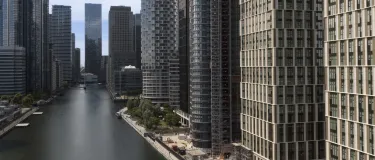 flying over the river at Wood Wharf