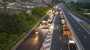 Aggregate Industries vehicles on the M65 in Lancashire laying the new low carbon Foamix product as part of trials with Lancashire County Council