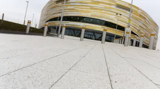 Andover textured hard landscaping in silver fleck at Derby arena