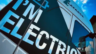 The side of a Volvo electric cement truck that has been introduced by Aggregate Industries to its fleet after a successful trial at its Cauldon Cement Plant