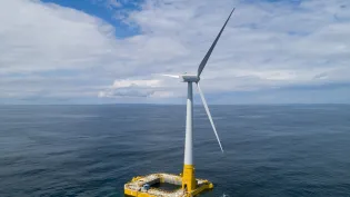 A floating offshore wind turbine developed by B W Ideol who have partnered with Holcim