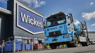 A Holcim Concrete2You blue mixedr truck outside the Wickes store in Wigston, Leicestershire to mark a new partnershhip between C2Y and Wickes.
