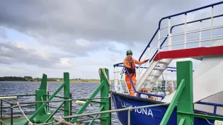 Coxswain Lawrie Cerexhe on board the Lady Ioana which transports colleagues and visitors from the mainland to Holcim's Glendsanda super quarry