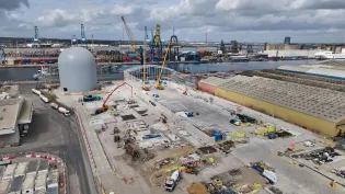 An aerial view of the ongoing construction work at Holcim UK's Tilbury Cement Terminal.
