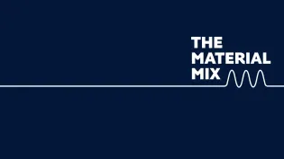 Blue background with the text "The Material Mix Podcast by Holcim" with a white wavey unline