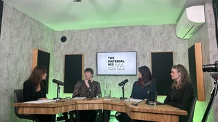 Members of the panel taking part in Holcim's The Material Mix podcast in a broadcasting studio.