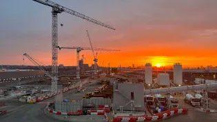 Sunrise over Old Oak Common HS2 Station in London during its construction