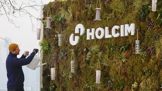 A worker waters a sustainable billboard on London's South bank. The billboard was created for the rebrand to Holcim UK.