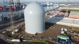 An aerial shot of the new dome silo at Aggregate Industries cement manufacturing facility at Tilbury Docks