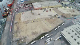 An aerial shot showing progress of construction work on new Aggregate Industries cement facility at Tilbury Docks