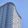 View looking up at wood wharf building