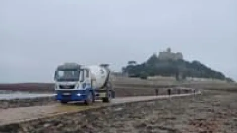 Concrete truck delivery Cornwall st Michael's mount 