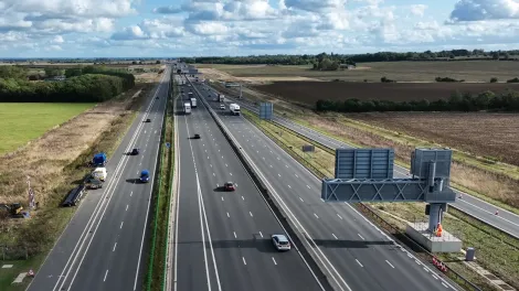 Drone looking down on the A14 motorway