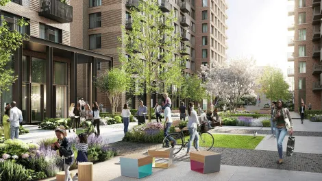 Busy built up environment visual showing hard landscape and high rise buildings 