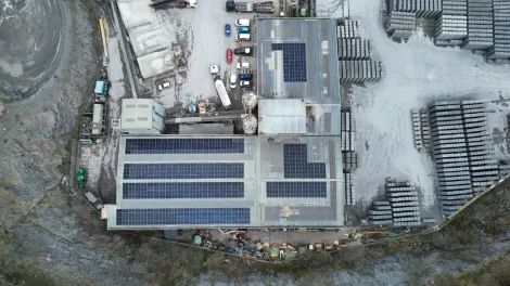 An aerial viw on new solar panels on the rooftops of the Callow plant in Somerset