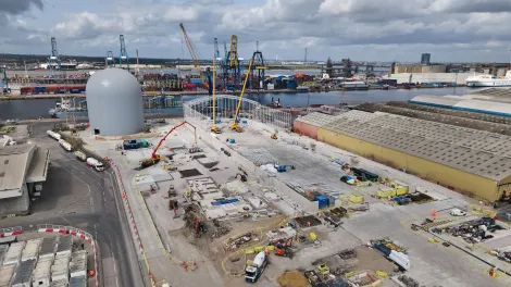 An aerial view of the ongoing construction work at Holcim UK's Tilbury Cement Terminal.