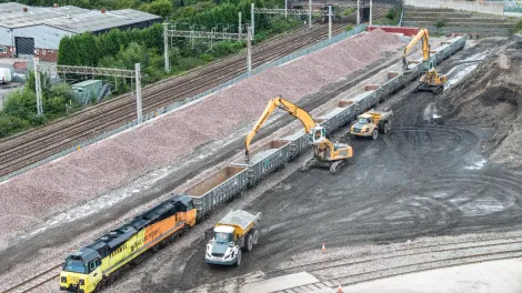 recycled rail ballast being loaded onto wagons at Land Recovery's Stoke site