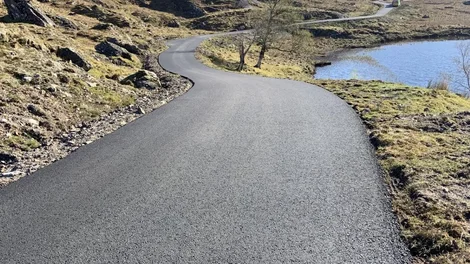 The resurfaced Kinloch Hourn single track road in the western Highlands which was supplied by Holcim