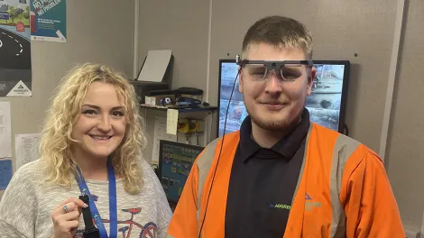 Laura Jackson, Behavioural Safety Business Partner with the eye tracking equipment used as part of a study with Leeds Beckett University