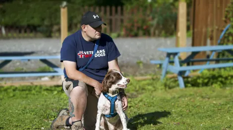 Aggregate Industries Operations Manager Nick Thomas with his PTSD assistance dog, Buzz.