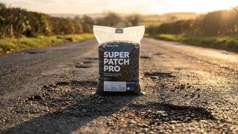 road with potholes during golden hour with a bag called Super Patch Pro in the middle
