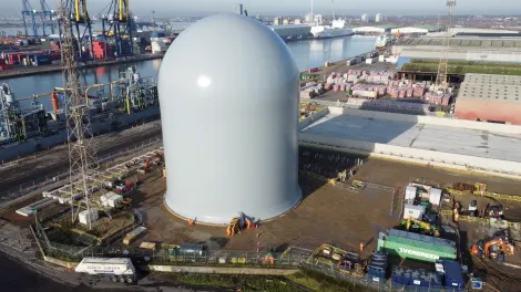 An aerial shot of the new dome silo at Aggregate Industries cement manufacturing facility at Tilbury Docks