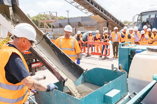 A worker in high-visibility clothing reviews Airium product being poured from a mixer truck at an event in London.