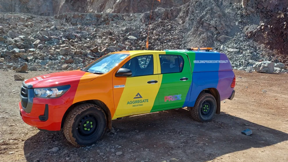 Leicester Pride Rainbow Truck in a quarry