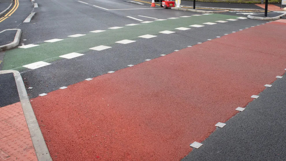 Red and green demarkation paths at CYCLOPS junction in Greater Manchester