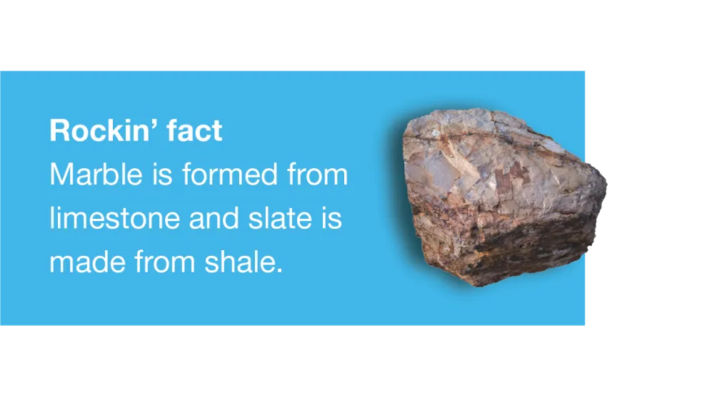 Rock of marble with the text "Marble is formed from limestone and slate is made from shale."