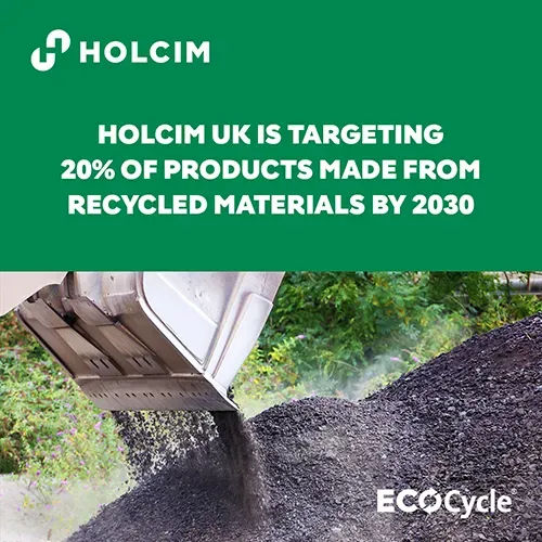 Loading shoval dropping aggregate with text and Holcim + ECOCycle logos