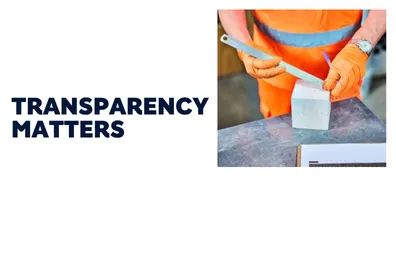 Worker in PPE measuring a concrete block next to text that reads 'Transparency Matters'