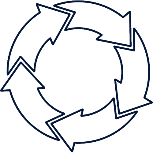 Circle made out of 5 interlocking arrows with a gradient from green to deep blue