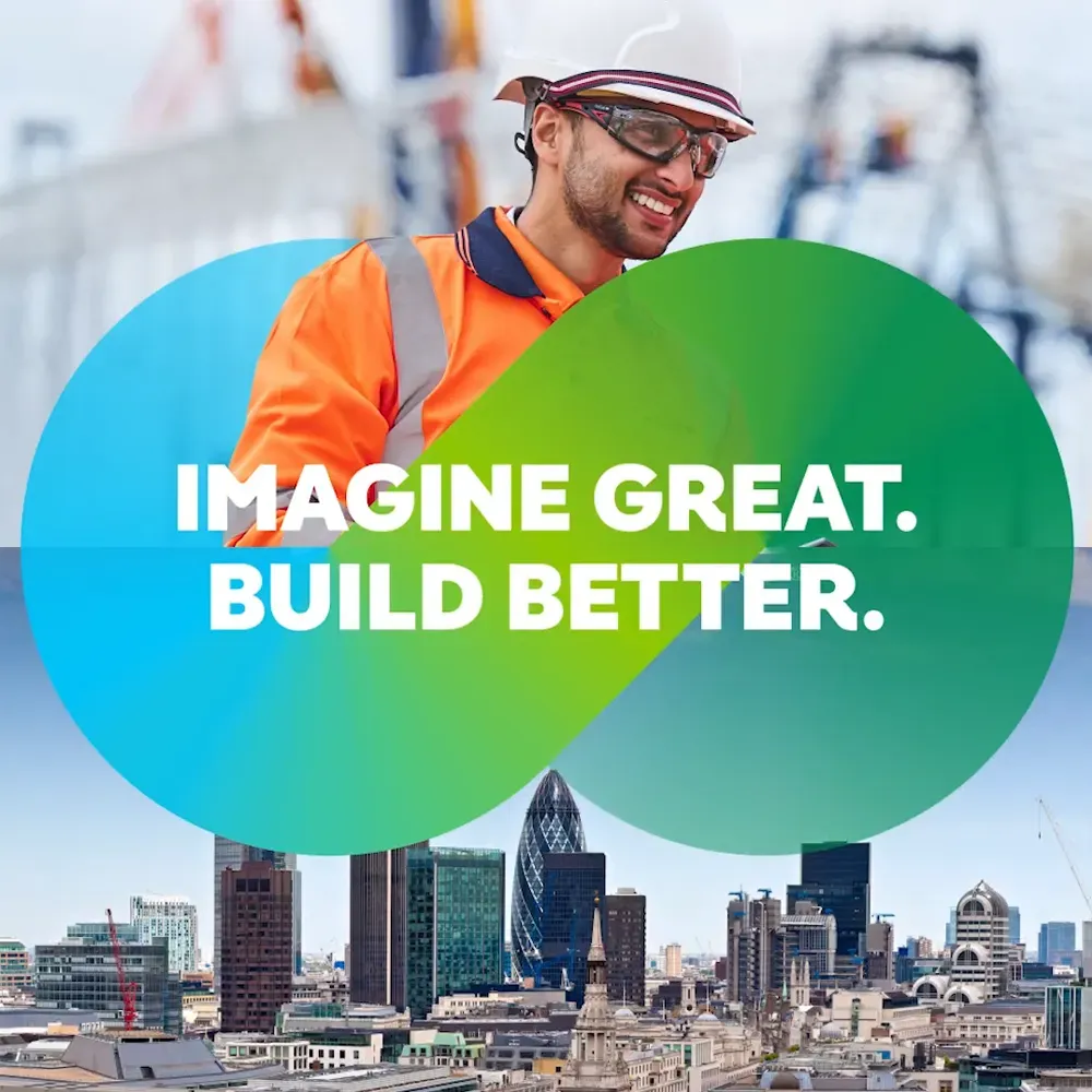 London skyline, PPE worker with blue to green swirl and the text "Imagine great. Build better"