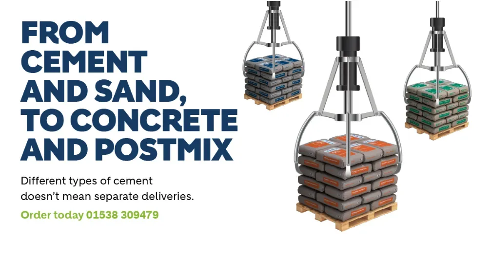 Mechanical grabbers holding pallets of bagged concrete with text