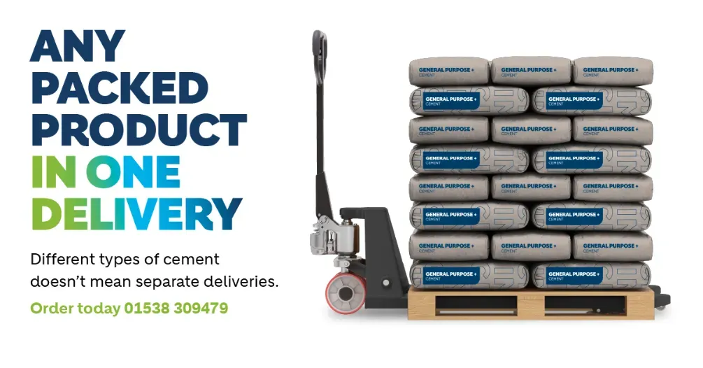 Pump truck holing a pallet of gneral purpose cement bags with text