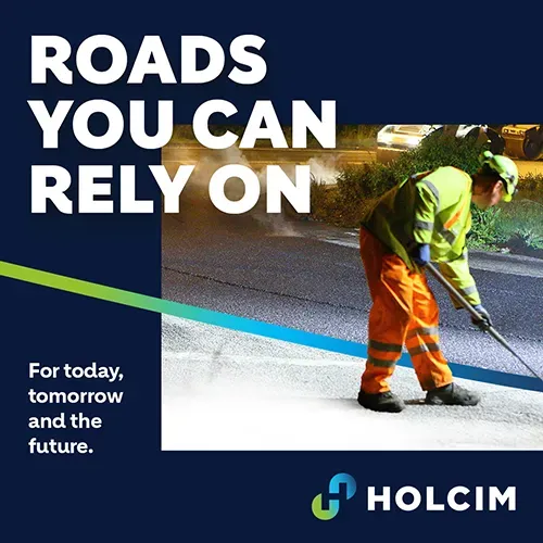 Worker moving asphalt in a graphic with the holcim logo and text 'roads you can rely on'