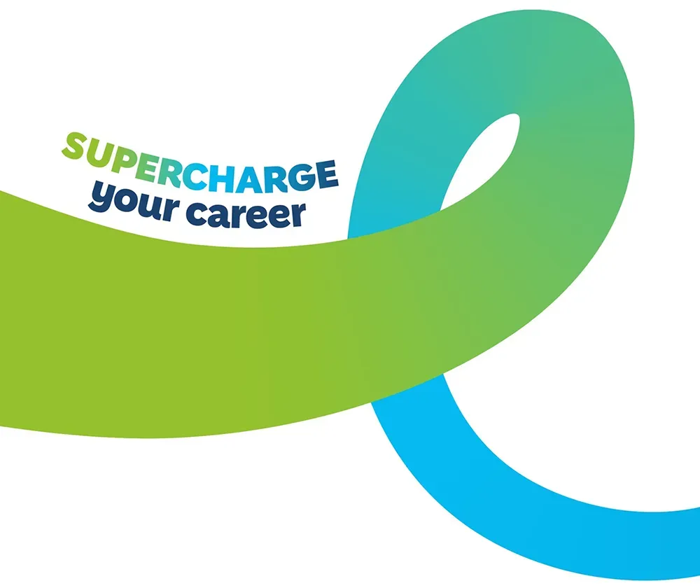 swirl graphic with gradient and the text 'supercharge your career'