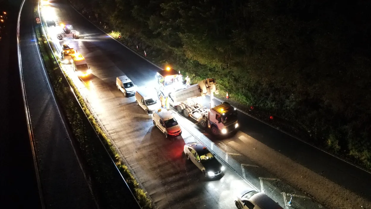Shift work on the A590 at night - drone shot